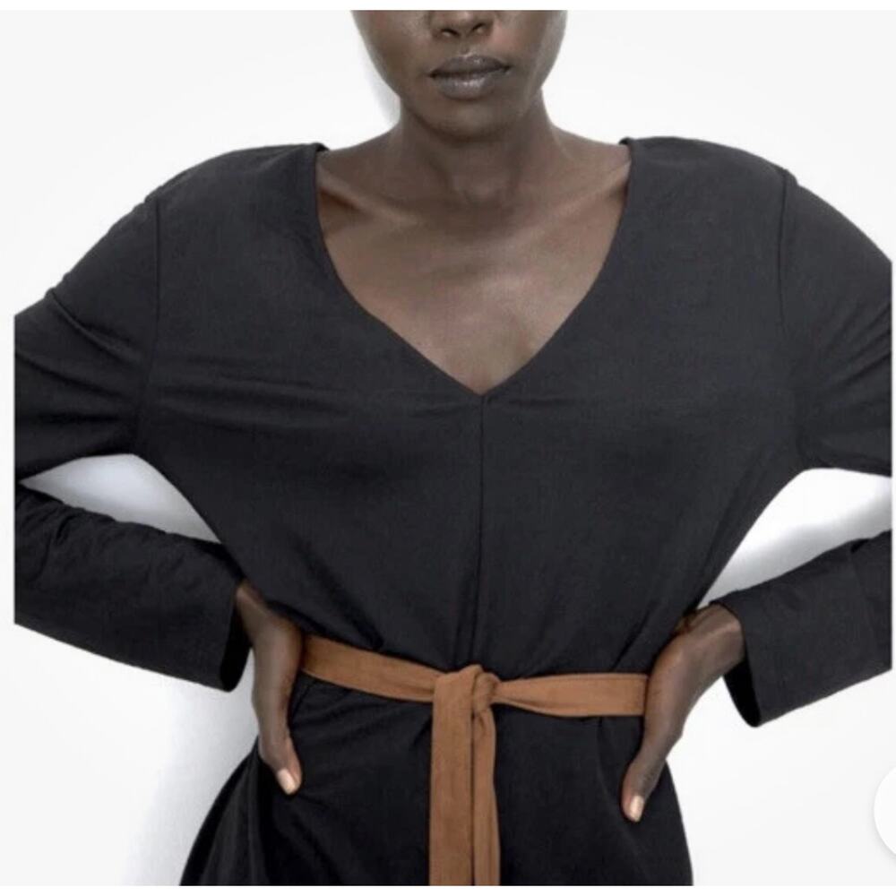 ZARA Black Long Sleeve Midi Dress with Camel Suede Belt NWT Size Small - Picture 3 of 12